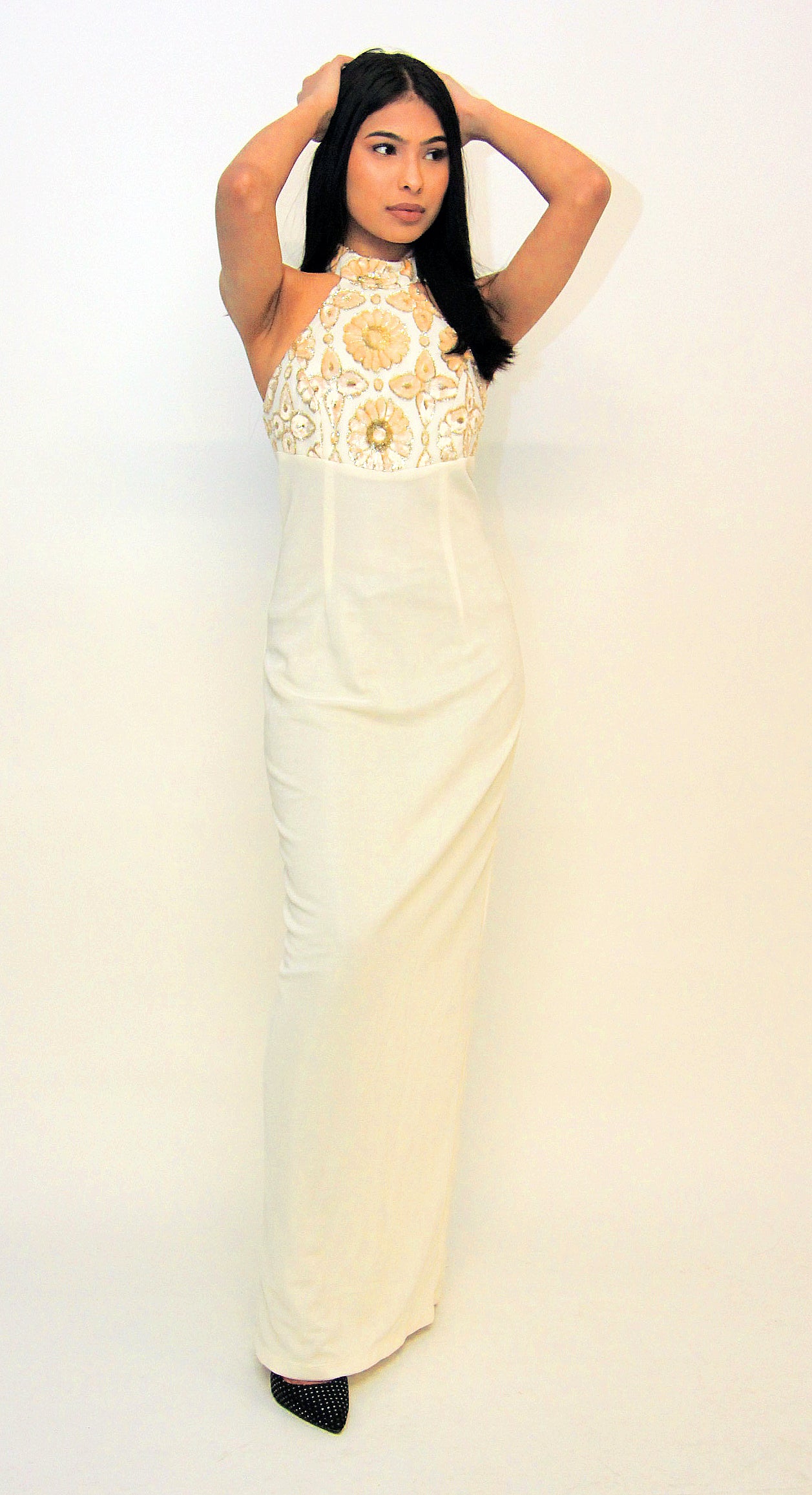 Farida Cream Dress Gold Detailing Floor Length